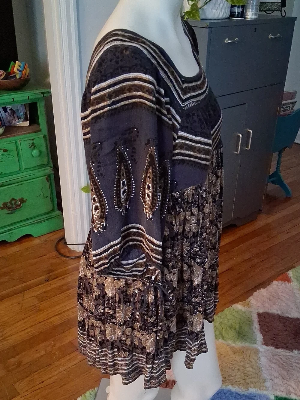 Free People Black and Tan Floral Peasant Tunic